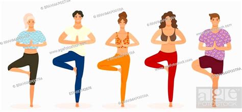 Group Of Young People Practicing Yoga Lesson Standing In Vrksasana Exercise Stock Vector