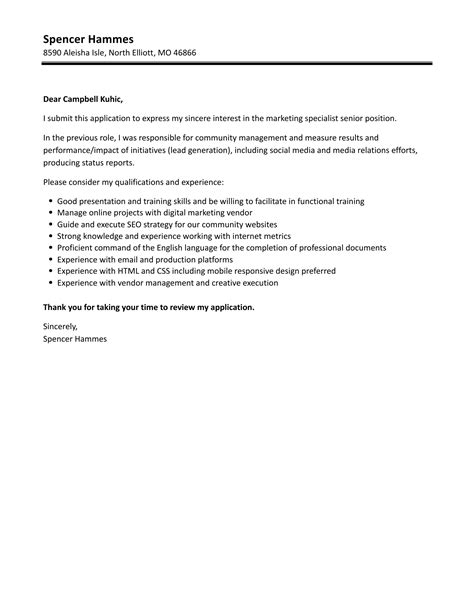 Marketing Specialist Senior Cover Letter Velvet Jobs