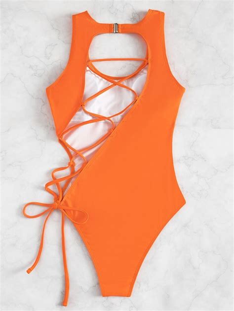 lace up one piece swimsuit shein usa purple sky orange and purple blue yellow bikini
