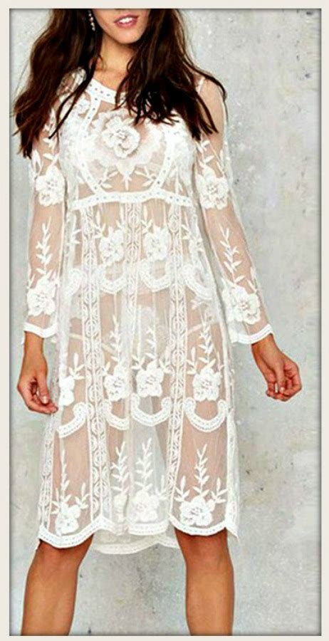 White Crochet Lace Long Sleeve Dress Coverup Beach Dress Festival Sexy Lace Clothing