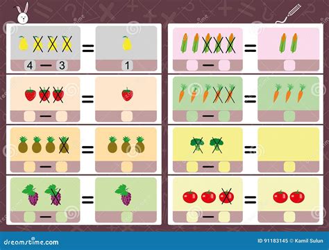 Subtracting Using Pictures Math Worksheet For Kids Stock Illustration