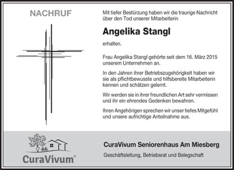 Traueranzeigen Von Angelika Stangl Mittelbayerische Trauer