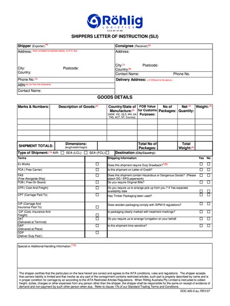 Fillable Online Shippers Letter Of Instruction Rhlig Logistics Fax