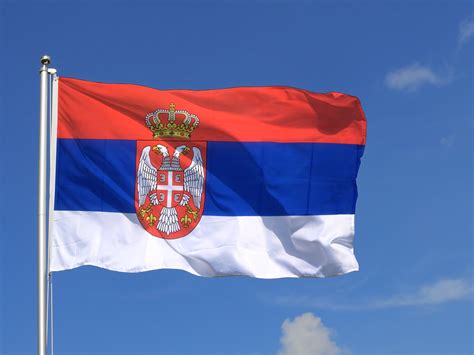 The flag of serbia is a tricolor features three equal horizontal stripes. Large Serbia with crest Flag - 5x8 ft - Royal-Flags
