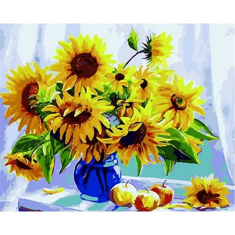 A Painting Of Sunflowers In A Blue Vase