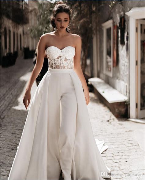 Discountlace Appliqued Wedding Jumpsuits With Detachable Skirts 2019