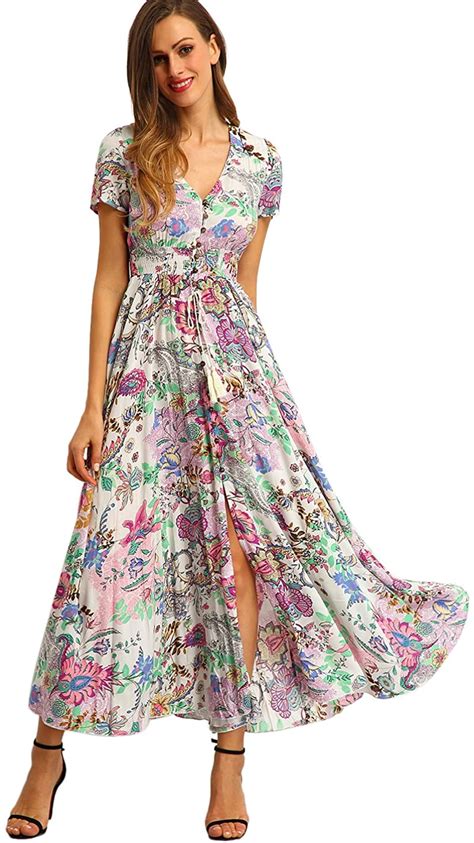milumia women floral print button up split flowy party maxi dress ebay