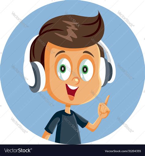 Cheerful Cartoon Boy Wearing Headphones Pointing F
