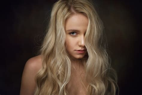 women blonde blue eyes bare shoulders wavy hair hair in face maxim maximov long hair