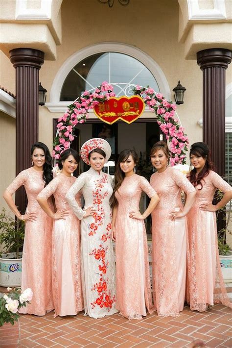 Love This Blush Color And Lace Ao Dai For Bridesmaids Casual Wedding