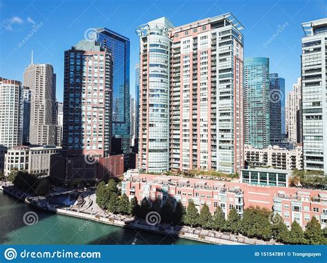 Top View Skyline And Office Buildings Along Chicago River Stock Image