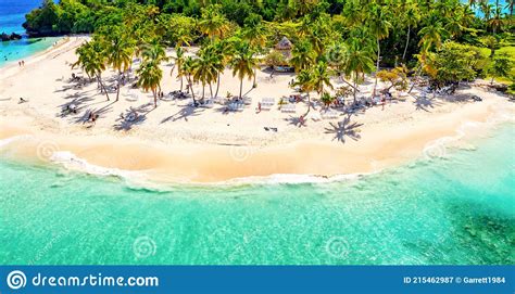 Aerial Drone View Of Beautiful Caribbean Tropical Island Cayo Levantado Beach With Palms