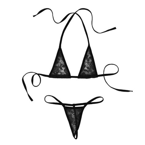 Women Sex Mini Micro Bikini Lingerie Set Lace See Through Sheer Halterneck Sexy Bra Top With G