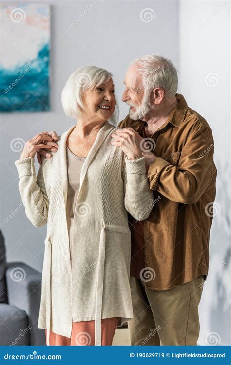 Happy Senior Man Touching Shoulders Of Stock Image Image Of Husband Together 190629719