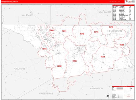 Henderson County, TX Zip Code Wall Map Red Line Style by MarketMAPS