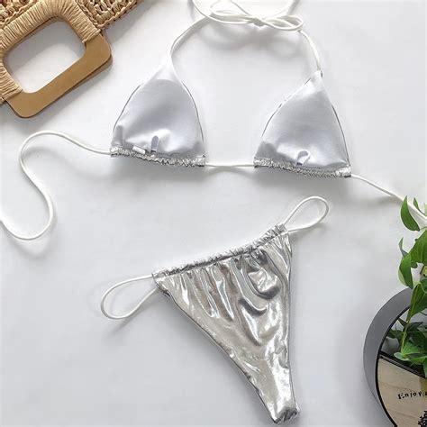 In X Sexy Micro Mini Bikini Set Silver Swimsuit Female Bathers Summer Push Up Swimwear Women