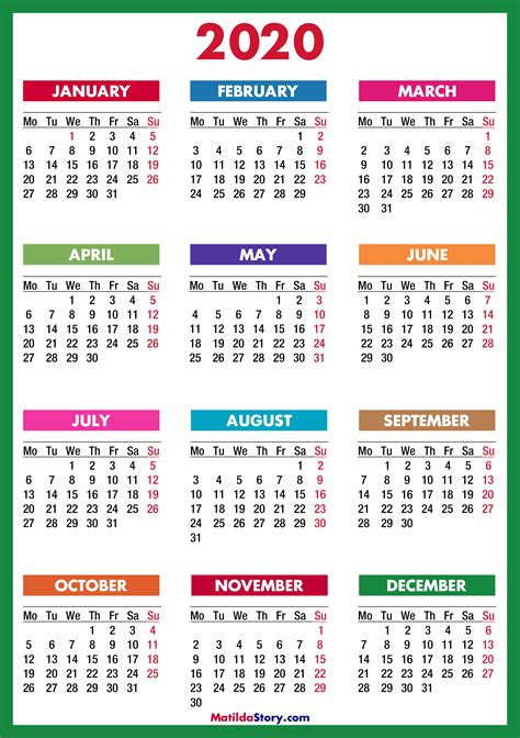 2020 Calendar Printable Free Colorful Blue Green Monday Start