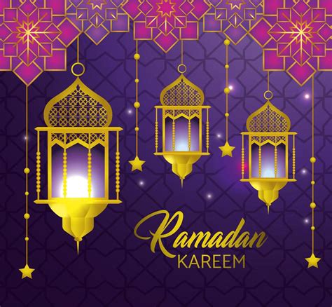 Ramadan greeting card with lamps and hanging stars 1268404 Vector Art ...
