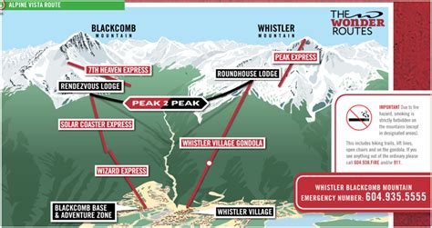 A detailed and useful summer trail map of whistler mountain showing the whistler mountain bike park and all hiking and mountain biking trails on local whistler, bc telephone: SRF2015