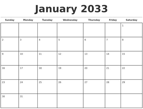 January 2033 Monthly Calendar Template