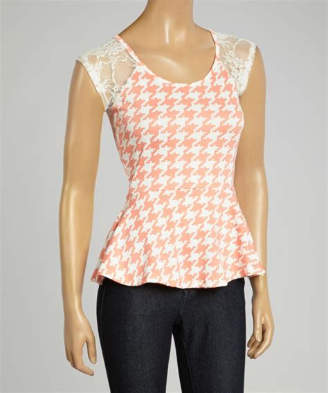 Coral And White Houndstooth Peplum Lace Top Zulily Fashion Top
