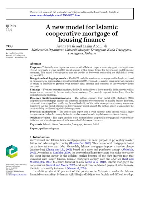 A New Model For Islamic Cooperative Mortgage Of Housing Finance Pdf