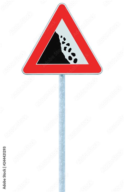 Falling Rocks Risk Caution Road Sign Pole Post Large Detailed Isolated