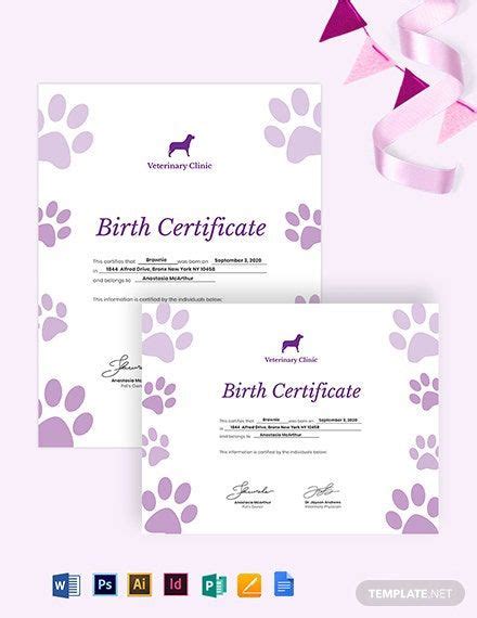 Pet Birth Certificate Template Free Google Docs Illustrator InDesign Word Apple