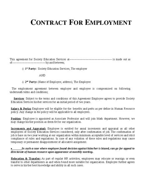 Employment Contract Example Free Printable Documents
