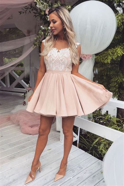 Cute Pink Lace Satin Above Knee Homecoming Dresses Sweet 16 Dresses