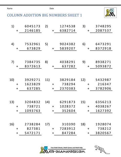Addition And Subtraction Of Large Numbers Worksheets