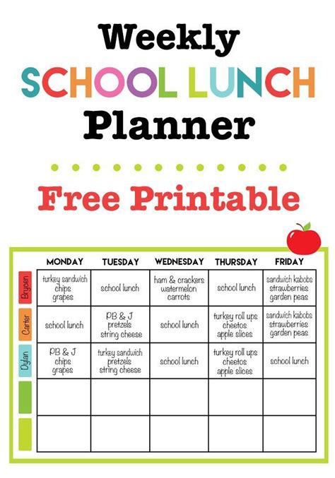 Free Printable School Lunch Menu Template