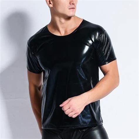 Xxl Sexy Mens Patent Leather Black Tees Tight T Shirt Tops Tees Men