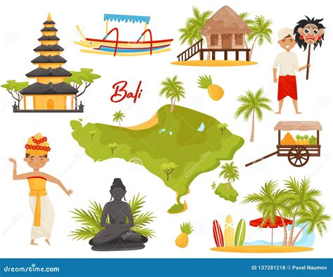 Flat Vector Set Of Balinese Landmarks And Cultural Objects People