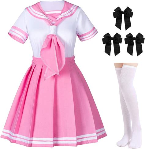 Classic Japanese Anime School Girls Pink Sailor Dress Shirts Uniform Cosplay