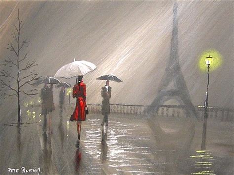 Paris In The Rain Original Canvas Eiffel Tower Red Umbrella New Ebay