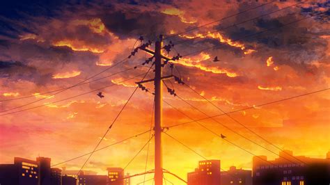 Download 1920x1080 Anime Sunset Landscape Birds Clouds