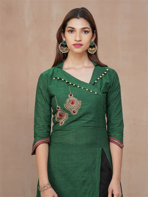 Placement Embroidered Kurti With Pant Set Bottle Green In 2020 Kurti Neck Designs Silk