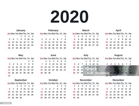 2020 Calendar Year Vector Illustration Template Planner Stock