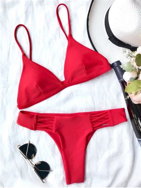 1533 Low Waisted Cami Padded Bikini Set Red M Swimwear Model