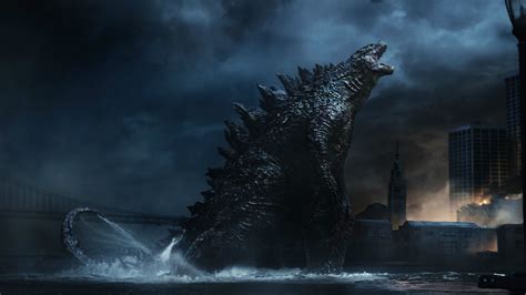 Godzilla On Water With Background Of Bridge And Cloudy Skin During