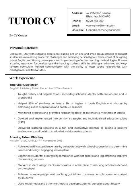 Tutor Cv Example And Free To Download Word Template