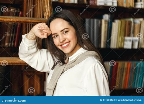 Woman Portrait Near The Bookshelves Stock Image Image Of Smart Research 141688433