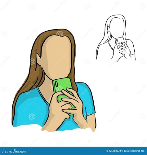 Woman Holding Mobile Phone Vector Illustration Sketch Doodle Han Stock