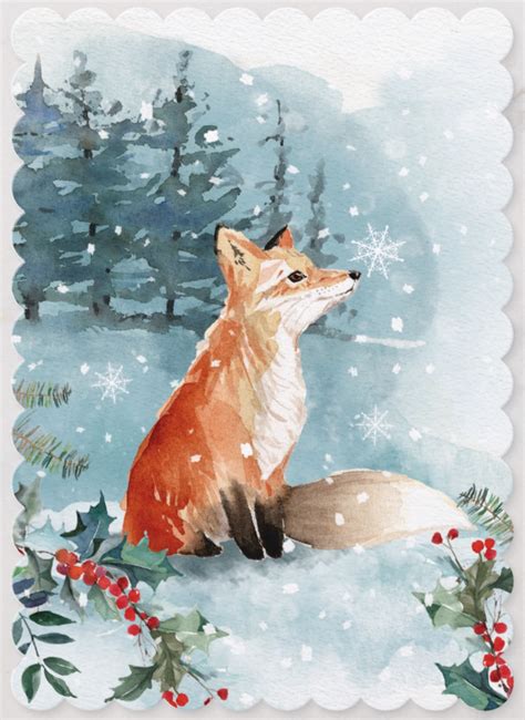 Woodland Fox Watercolor Christmas Forest Holiday Card Christmas By