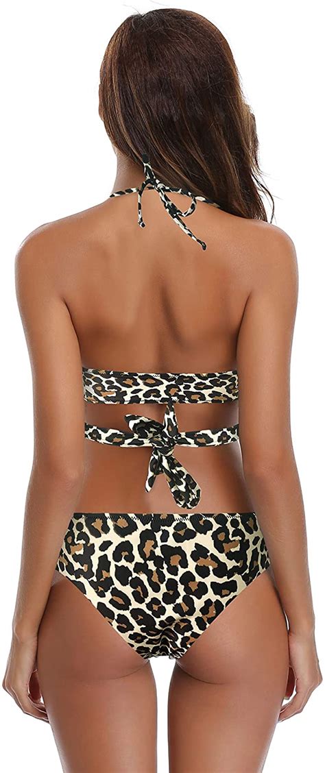 Shekini Womens Bathing Suits Push Up Halter Bandage Leopard Print Size Small N Ebay