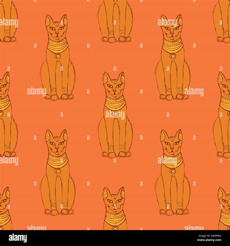 Sketch Egyptian Cat In Vintage Style Vector Seamless Patter Stock