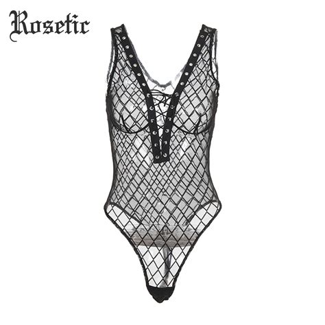 Rosetic Gothic Black Bodysuits Deep V Neck Hollow Mesh See Through