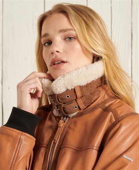 Womens Leather Flight Bomber Jacket In Tan Superdry Uk