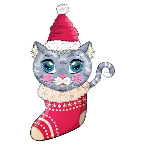 Cute Cartoon Cat In A Santa Hat In A Christmas Stocking Winter 2023